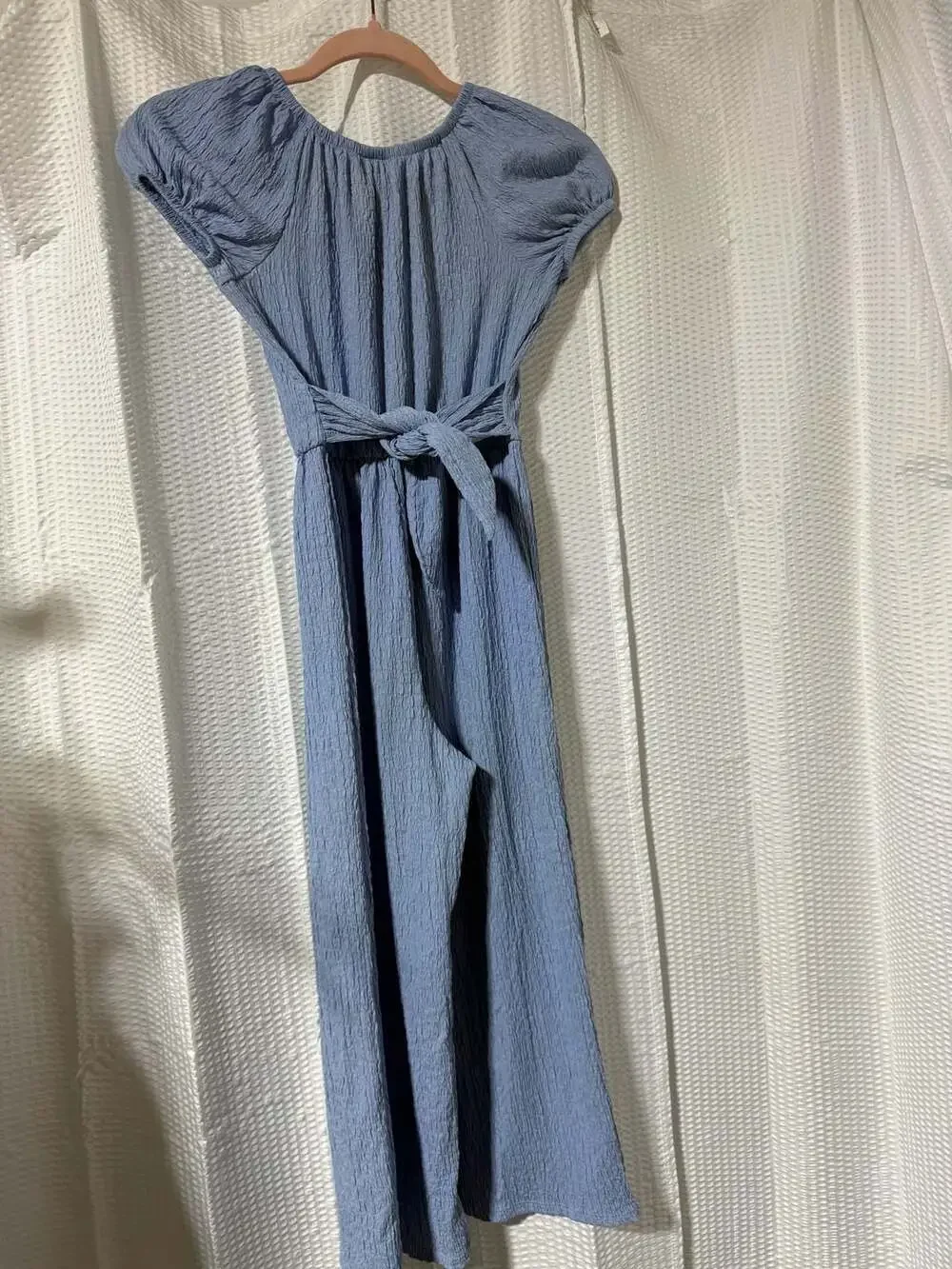 Lily Bleu Girls  Blue Textured Puff-Sleeve Button-Front Jumpsuit with Tie-Back